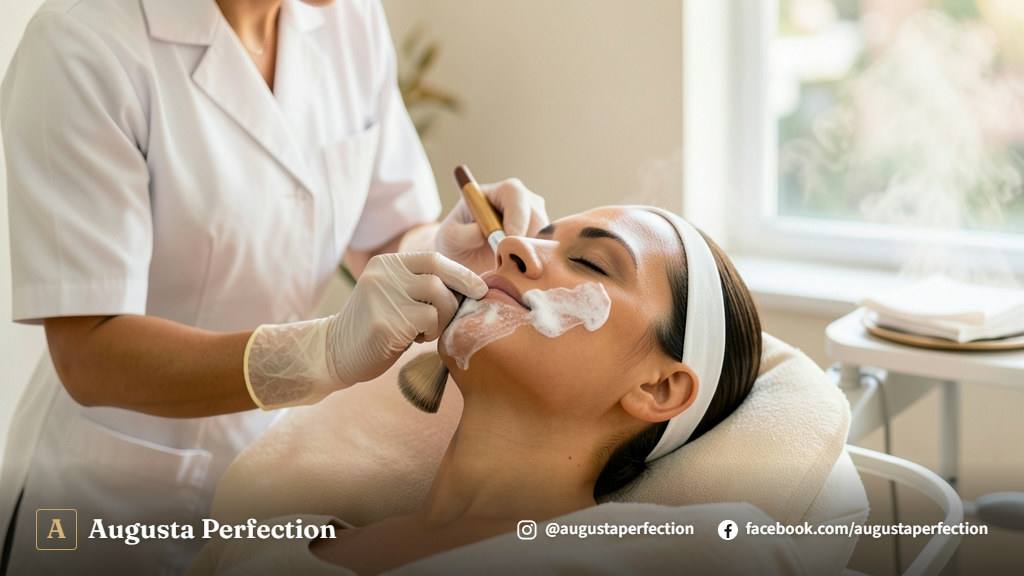 Profissional realizando aplicação de máscara calmante durante limpeza de pele em clínica especializada em Jaú.