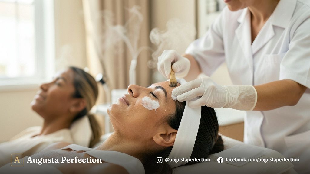 Profissional realizando limpeza de pele delicada e higienização facial em ambiente clínico de estética avançada.