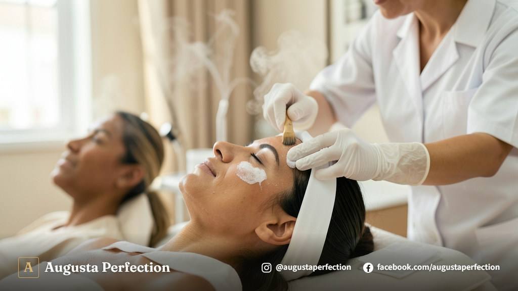 Profissional realizando limpeza de pele delicada e higienização facial em ambiente clínico de estética avançada.