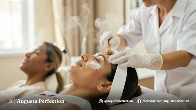 Profissional realizando limpeza de pele delicada e higienização facial em ambiente clínico de estética avançada.