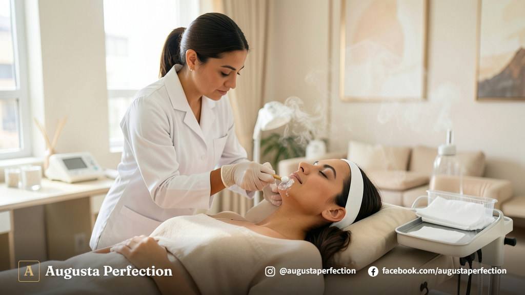 Profissional de estética realizando atendimento cuidadoso para restauração e cuidados com a pele em ambiente de clínica.