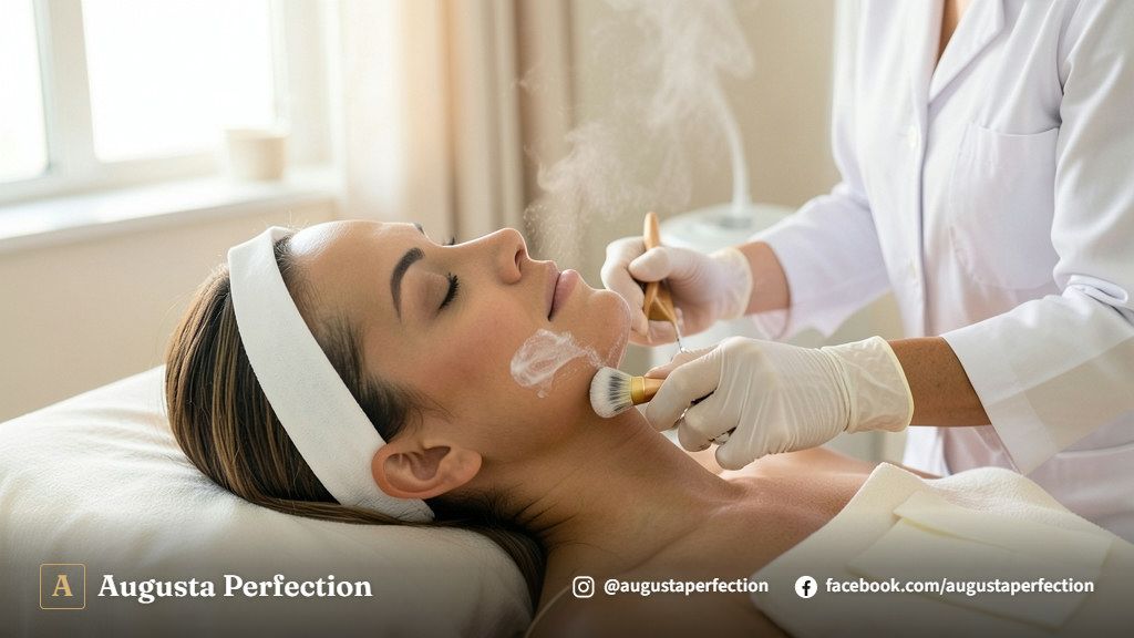 Profissional realizando limpeza de pele profunda com aplicação de máscara facial em clínica esthetical.