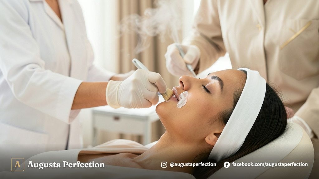 Profissional realizando procedimento de limpeza de pele em ambiente clínico aconchegante e higienizado.