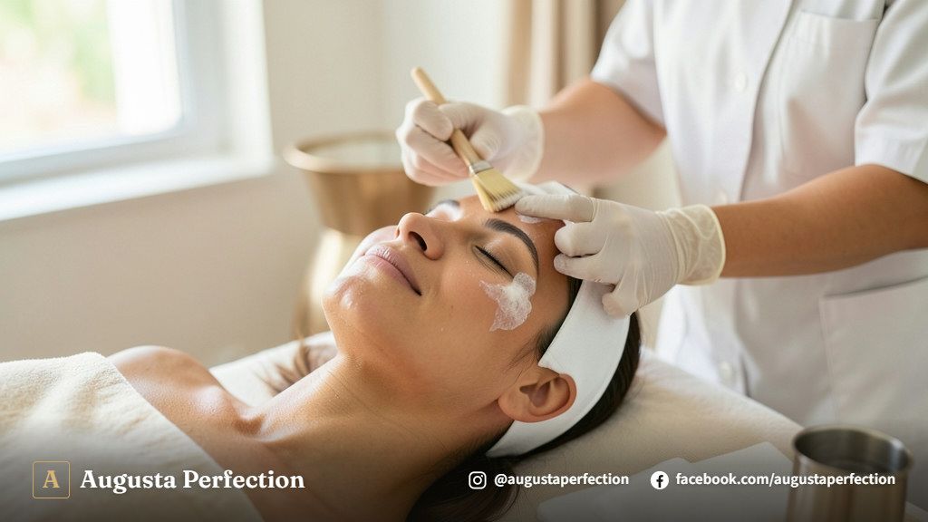Profissional realizando procedimento de limpeza de pele facial em ambiente de clínica médica e estética.
