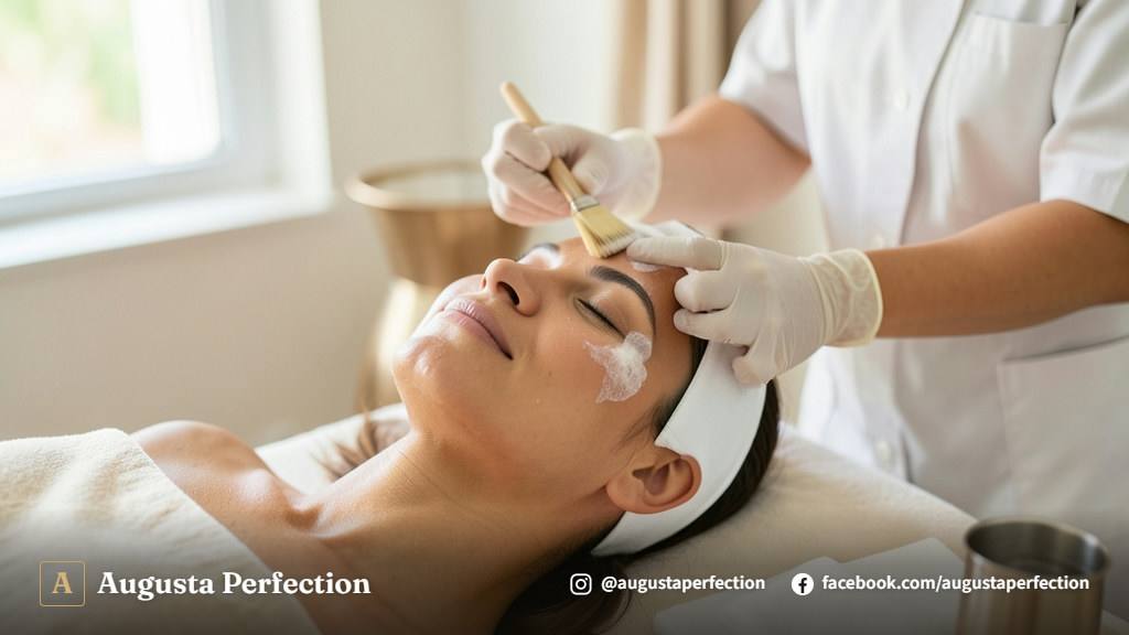 Profissional realizando procedimento de limpeza de pele facial em ambiente de clínica médica e estética.