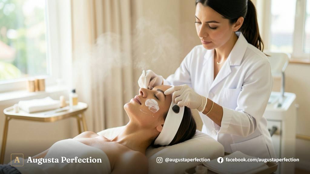 Profissional realizando limpeza de pele delicada em ambiente estético seguro e higienizado.