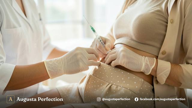 Ambiente de clínica estética com ampolas e seringa para aplicação de lipo corporal enzimática.