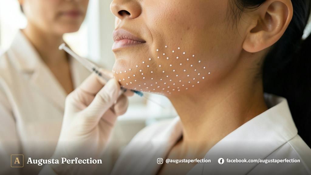 Frascos de enzimas estéticas e seringa dispostos sobre bandeja estéril em consultório de estética avançada.