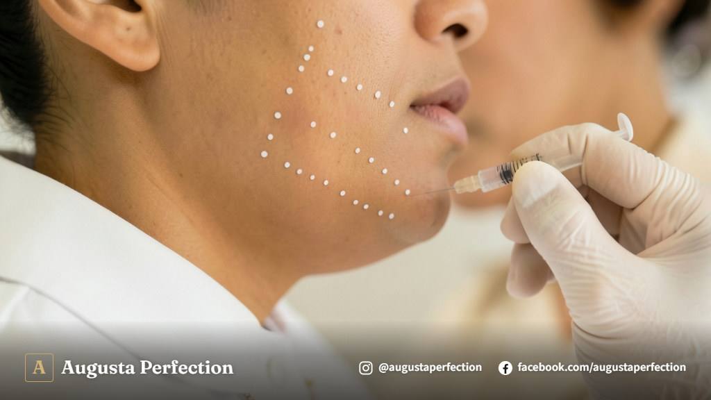 Ambiente de clínica de estética avançada com produtos de cuidados pós-procedimento em mesa refinada.