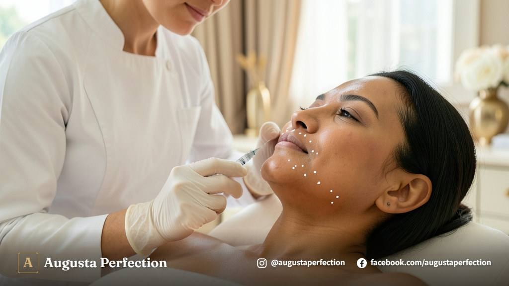 Ambiente de clínica de estética avançada com profissional de luvas preparando materiais para procedimento facial.