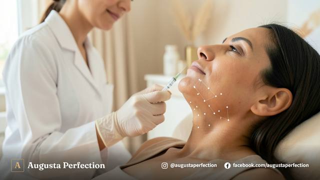 Profissional de estética preparando frasco de enzima em clínica elegante para lipo de papada em pele escura.