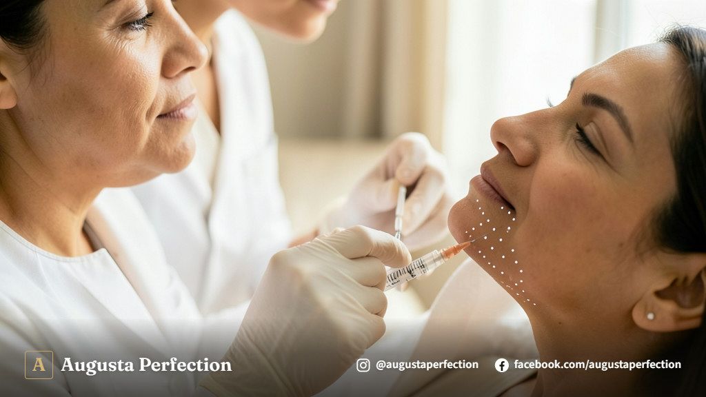 Especialista em estética realizando avaliação do contorno mandibular de paciente em consultório.