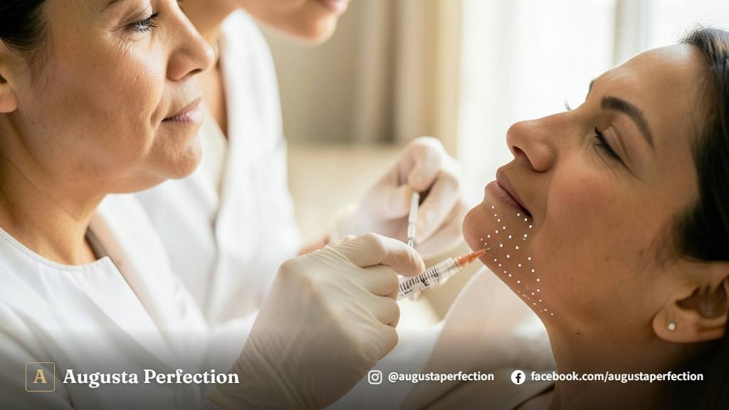 Especialista em estética realizando avaliação do contorno mandibular de paciente em consultório.