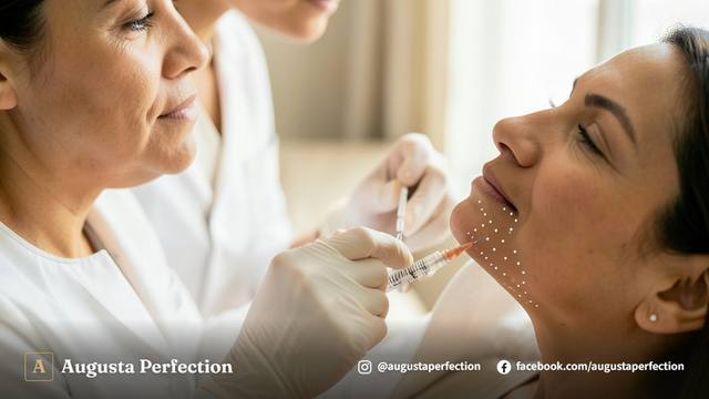 Especialista em estética realizando avaliação do contorno mandibular de paciente em consultório.