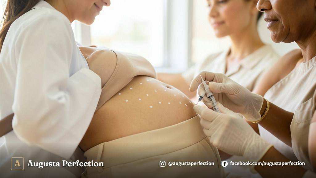 Consultório de estética avançada elegante e iluminado para avaliação de lipo corporal enzimática.