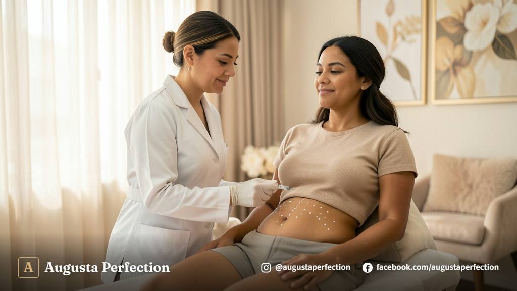 Especialista preparando procedimento de lipo corporal enzimática em clínica de estética.