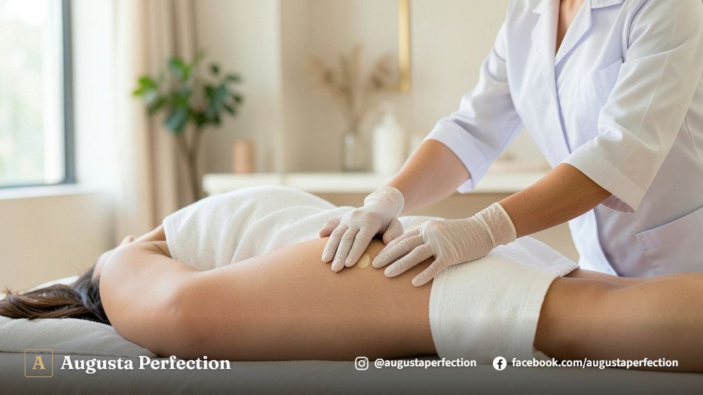 Ambiente de clínica estética aconchegante com produtos para massagem modeladora sobre apoio elegante.