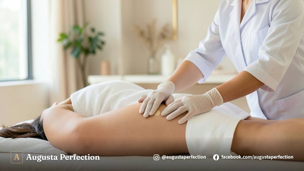 Ambiente de clínica estética aconchegante com produtos para massagem modeladora sobre apoio elegante.