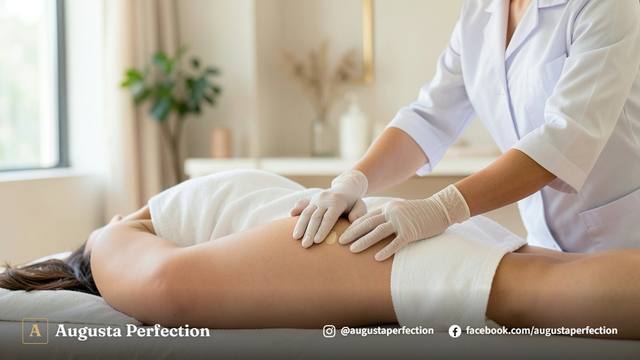 Ambiente de clínica estética aconchegante com produtos para massagem modeladora sobre apoio elegante.