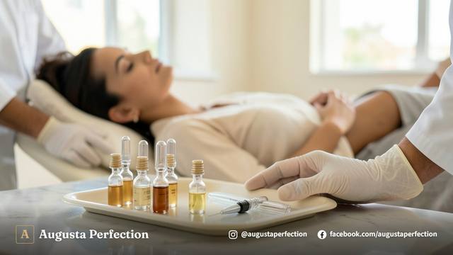 Séruns concentrados em frascos de vidro em ambiente de clínica de estética elegante.