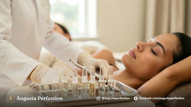 Profissional de estética preparando ativos estéreis para microagulhamento em uma clínica elegante em Bauru.
