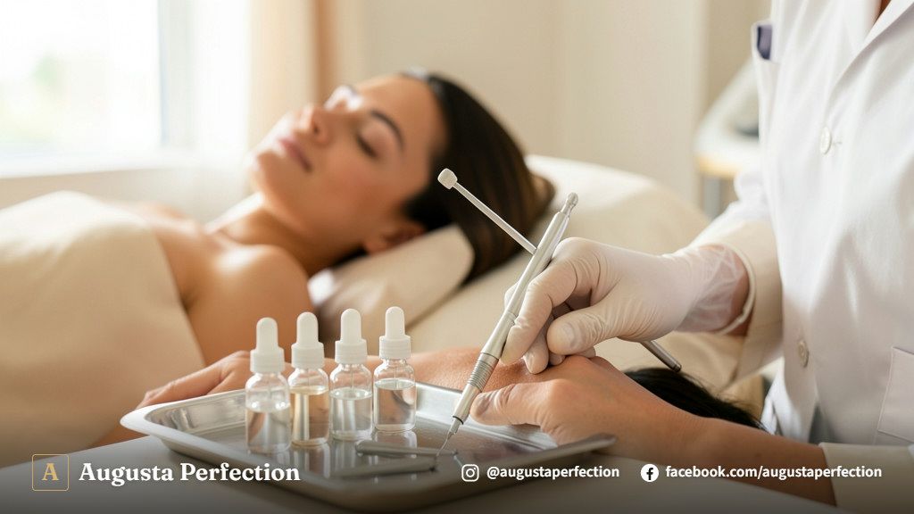 Ambiente de clínica estética premium com equipamentos e produtos para microagulhamento com infusão de ativos.