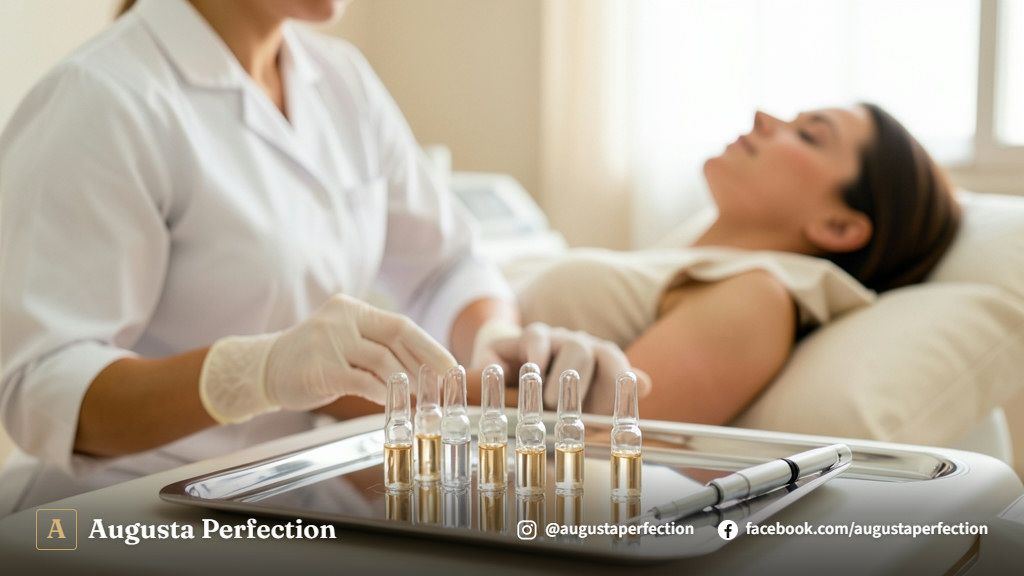 Profissional de estética preparando ativos estéreis em ambiente clínico e iluminado em Campinas.
