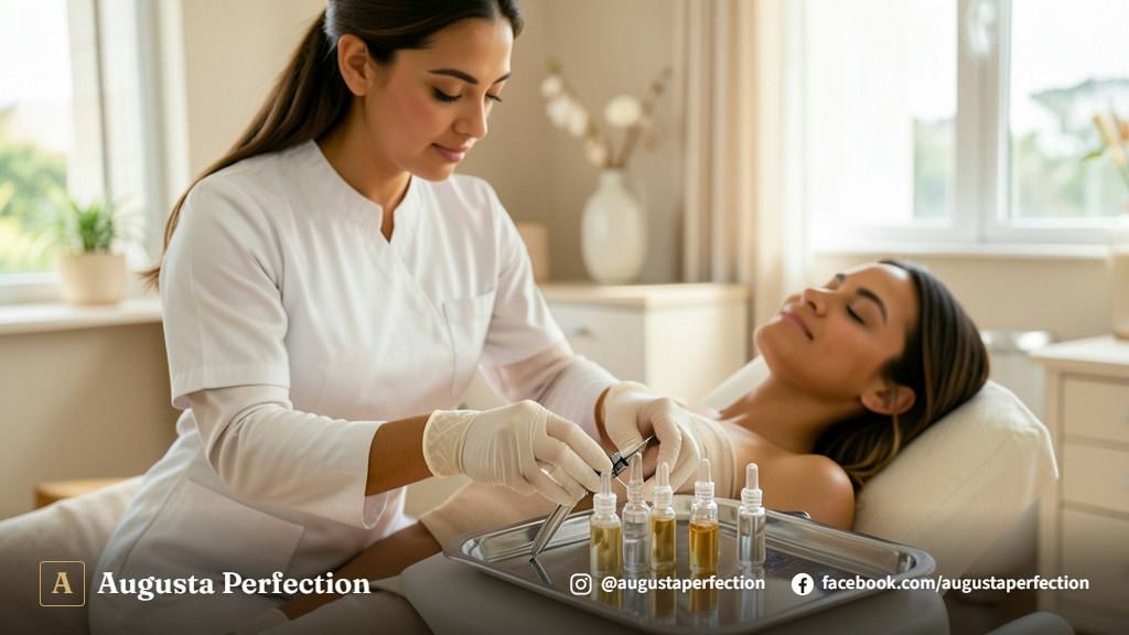 Frascos de ativos cosmetológicos estéreis sobre mesa de clínica de estética avançada em Campinas.