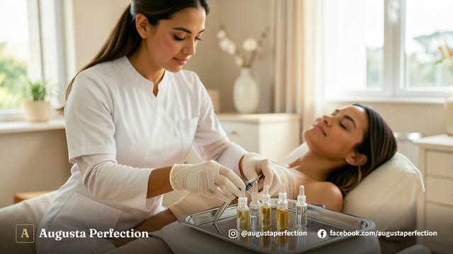 Frascos de ativos cosmetológicos estéreis sobre mesa de clínica de estética avançada em Campinas.