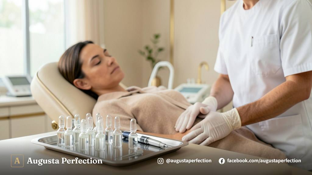 Profissional de estética preparando ativos estéreis para microagulhamento em clínica de estética avançada em Jundiaí.