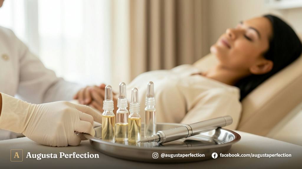 Sérum estéril e equipamento profissional para microagulhamento com infusão de ativos em clínica estética.