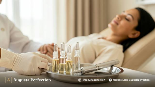 Sérum estéril e equipamento profissional para microagulhamento com infusão de ativos em clínica estética.