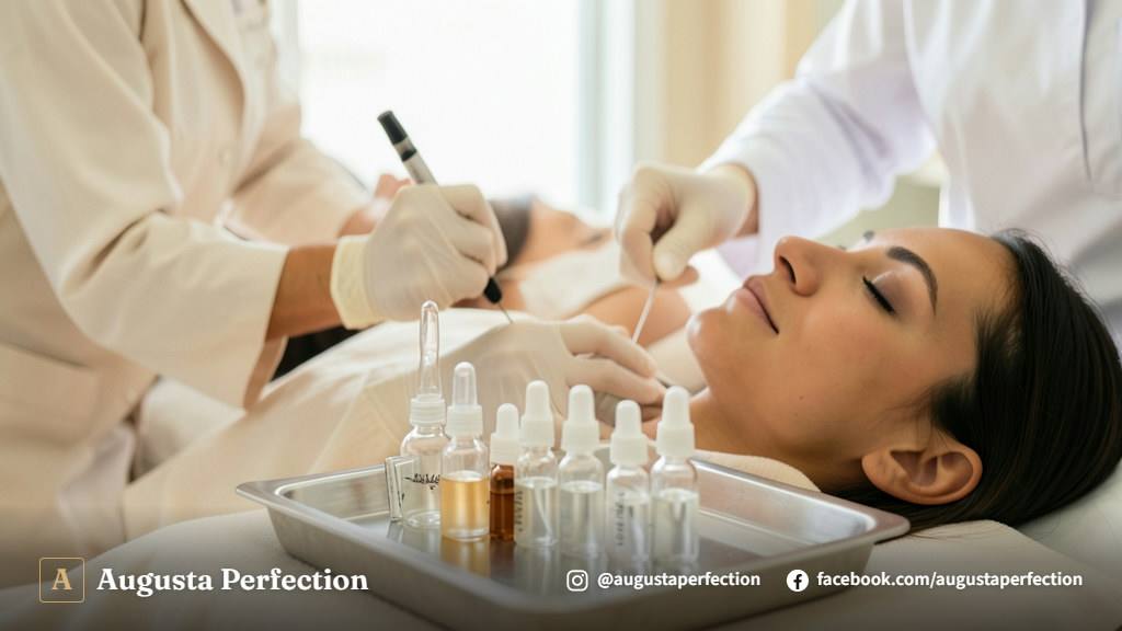 Profissional de estética preparando tratamento facial para cuidados com a pele em ambiente moderno.