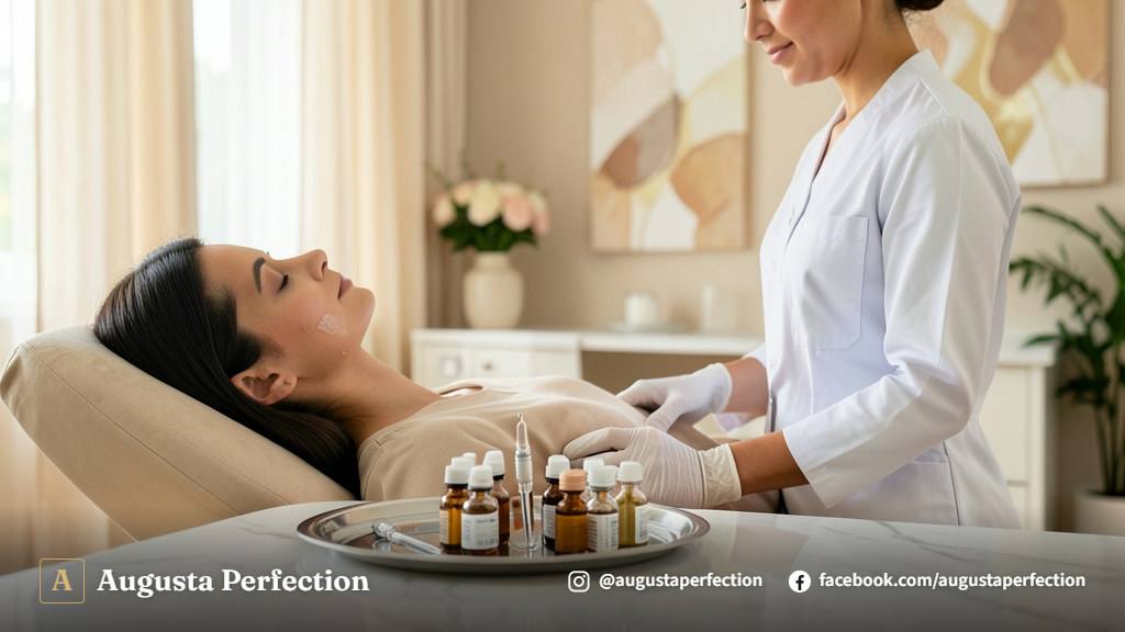 Especialista em estética preparando equipamento estéril para tratamento com infusão de ativos em ambiente clínico.