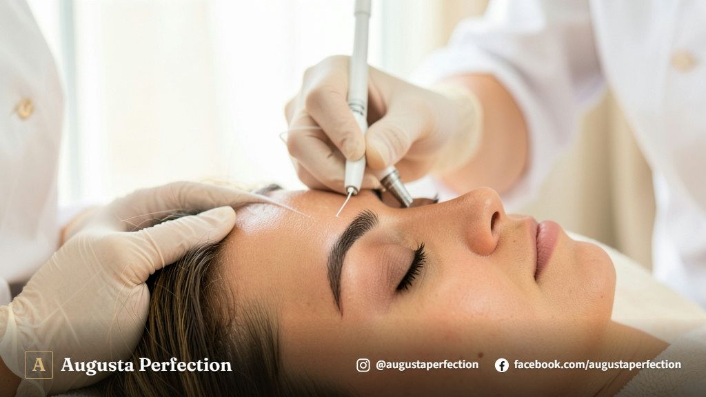 Especialista em estética preparando instrumentos higienizados para procedimento de microblading em clínica.