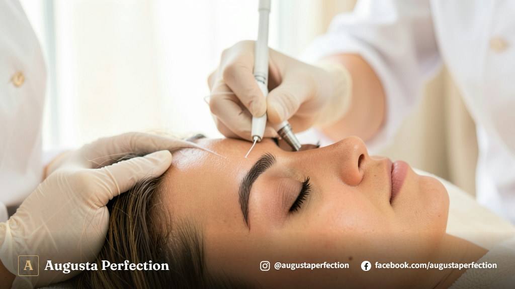 Especialista em estética preparando instrumentos higienizados para procedimento de microblading em clínica.
