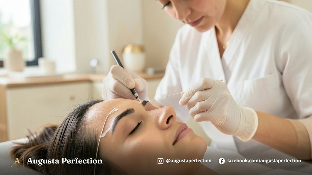 Profissional de estética segurando caneta tebori em ambiente clínico higienizado para procedimento de microblading.