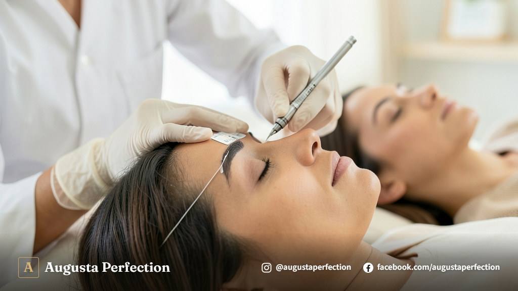 Profissional de estética realizando avaliação da pele do rosto em clínica moderna antes de procedimento.