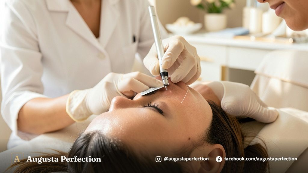 Profissional de estética em clínica elegante segurando instrumento de microblading com biossegurança e delicadeza.