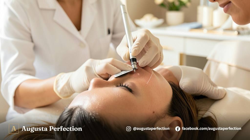 Profissional de estética em clínica elegante segurando instrumento de microblading com biossegurança e delicadeza.