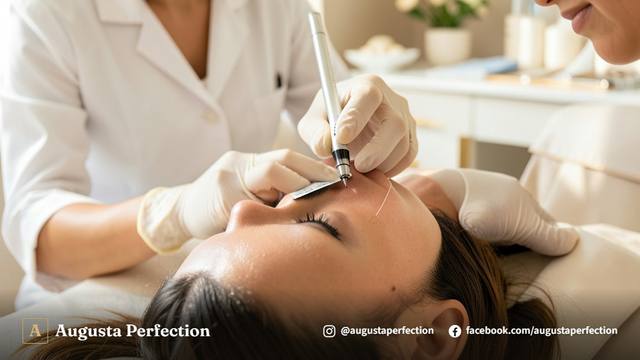 Profissional de estética em clínica elegante segurando instrumento de microblading com biossegurança e delicadeza.