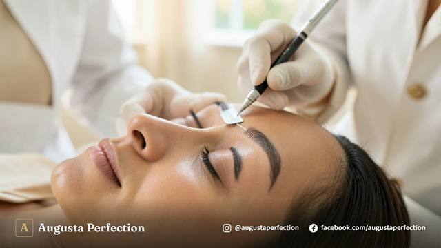 Profissional de estética segurando caneta de microblading com luvas descartáveis em ambiente de clínica iluminado.