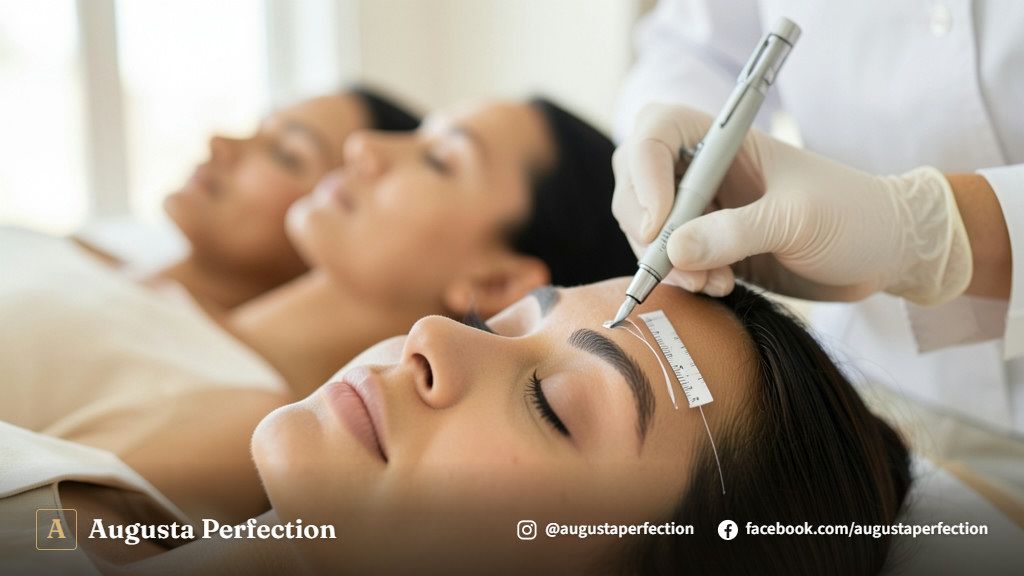 Especialista em estética preparando instrumentos profissionais para procedimento de microblading em clínica moderna