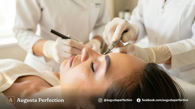 Especialista em estética segurando a caneta tebori para procedimento de microblading em clínica.