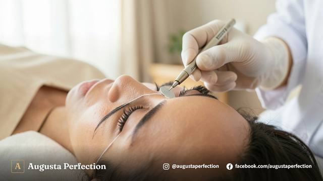 Profissional de estética segurando caneta tebori durante procedimento de microblading em ambiente clínico moderno.