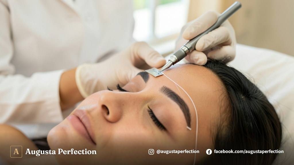 Especialista em estética preparando instrumentos esterilizados e pigmentos para procedimento de microblading nas