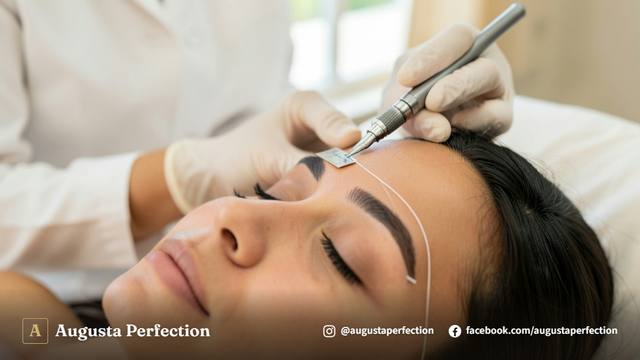 Especialista em estética preparando instrumentos esterilizados e pigmentos para procedimento de microblading nas