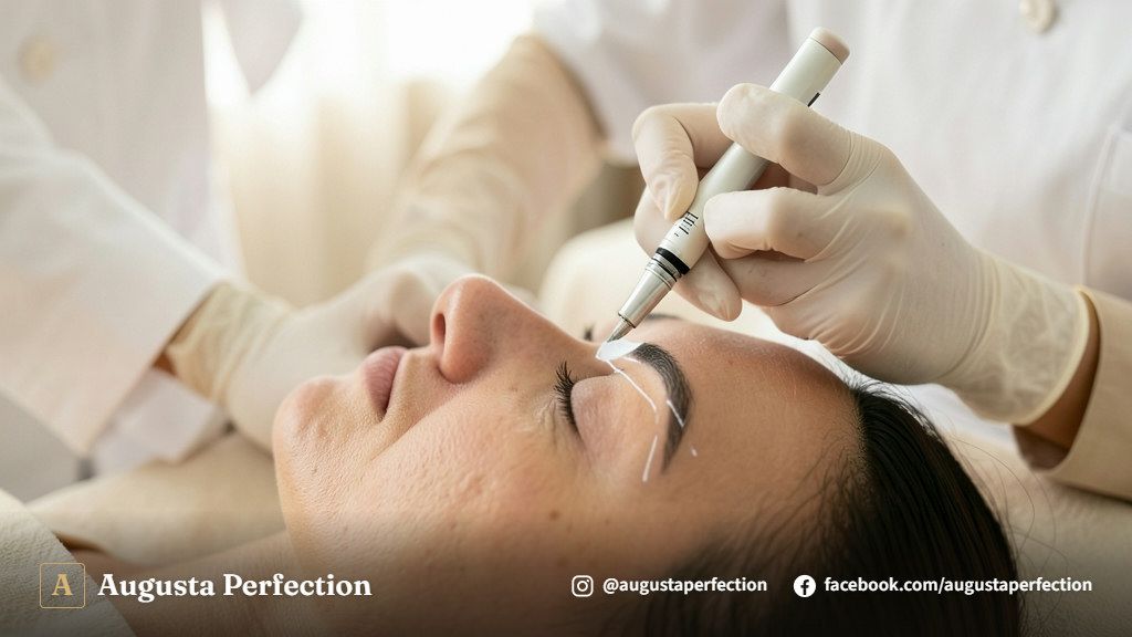 Especialista em estética com luvas segurando instrumento de microblading em ambiente de clínica limpo e seguro.