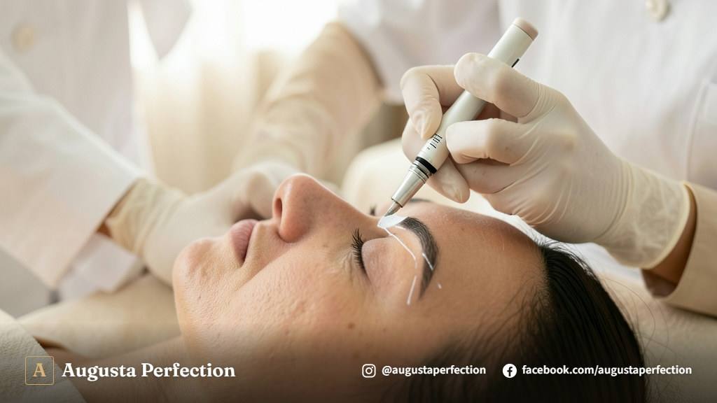 Especialista em estética com luvas segurando instrumento de microblading em ambiente de clínica limpo e seguro.