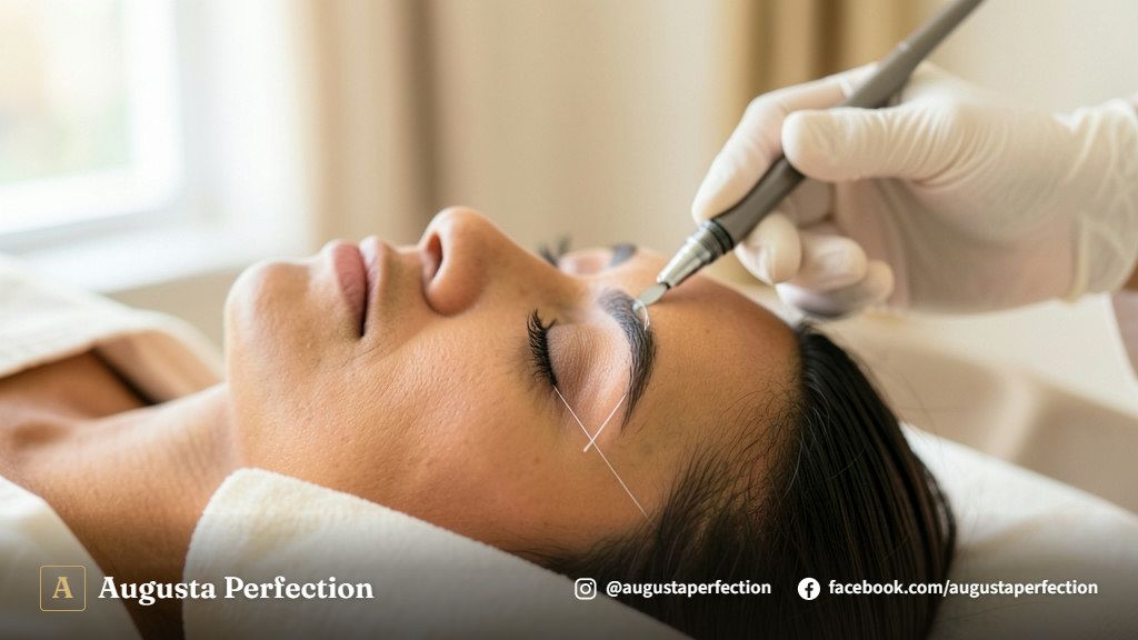 Especialista em estética preparando pigmentos e instrumento de microblading em clínica moderna.